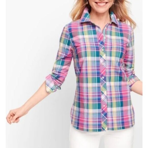 Talbots Petite Cotton Spring Madras Plaid Button Up Classic Cotton Shirt Sz MP - Picture 1 of 4